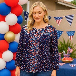 Boden Red White Pink and Blue Floral Babydoll Blouse Festival Party Bohemian 10